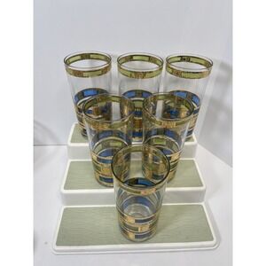 Vintage Culver EMPRESS 22K Gold Blue Green 12 Oz Highball Glasses~Set of 6